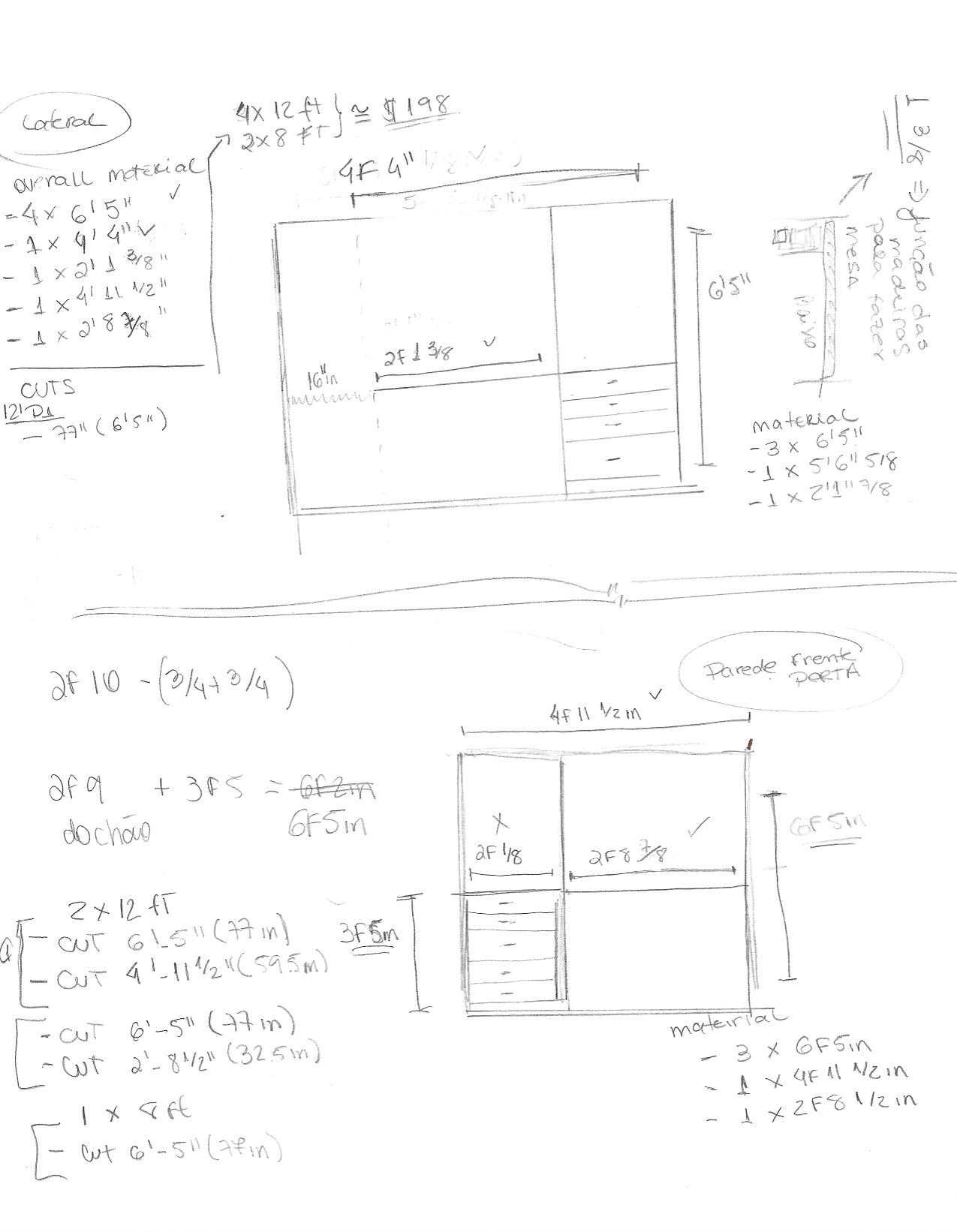 Hand-drawn sketch of the closet layout with measurements